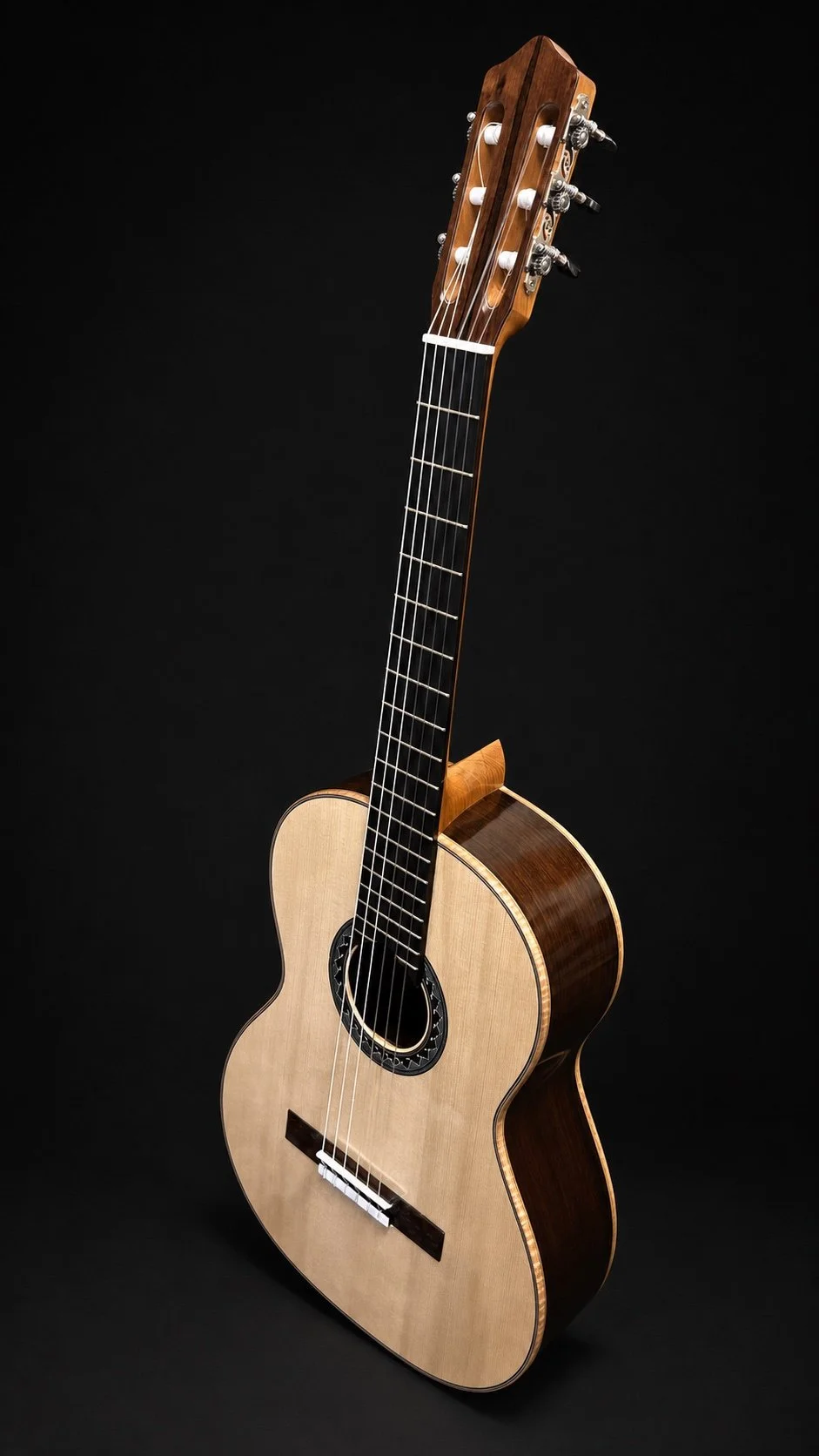 Front studio view of DeMers Guitar No. 18, showing its extended fingerboard, wave-pattern rosette, bridge, and dark rosewood sides
