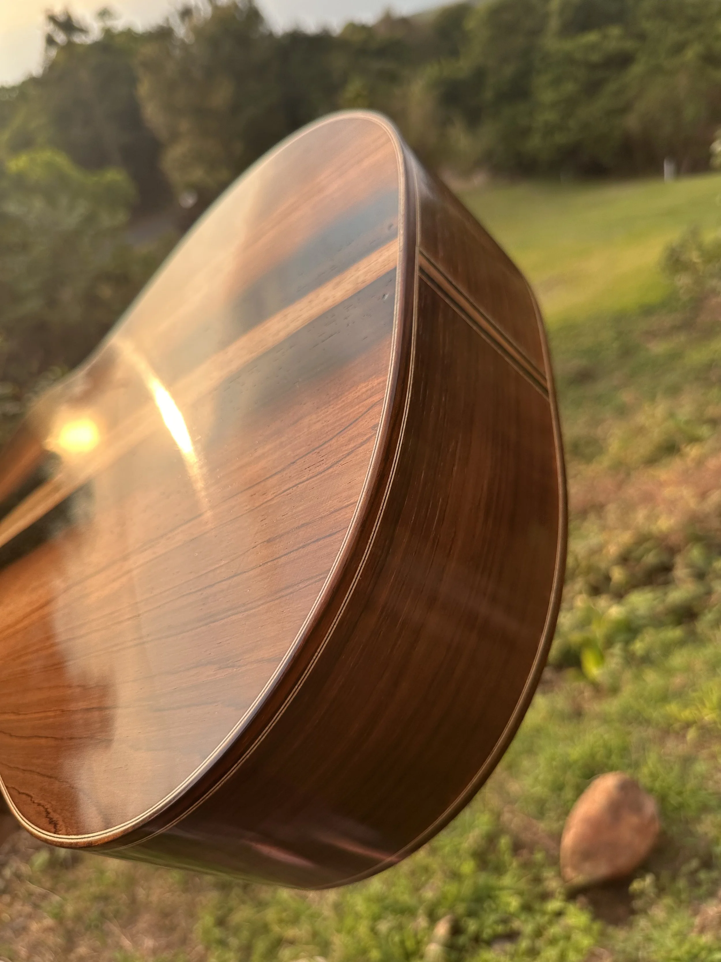 Close view of the back, sides, and binding of DeMers Guitar No. 17 in the warm Hawaiian evening light