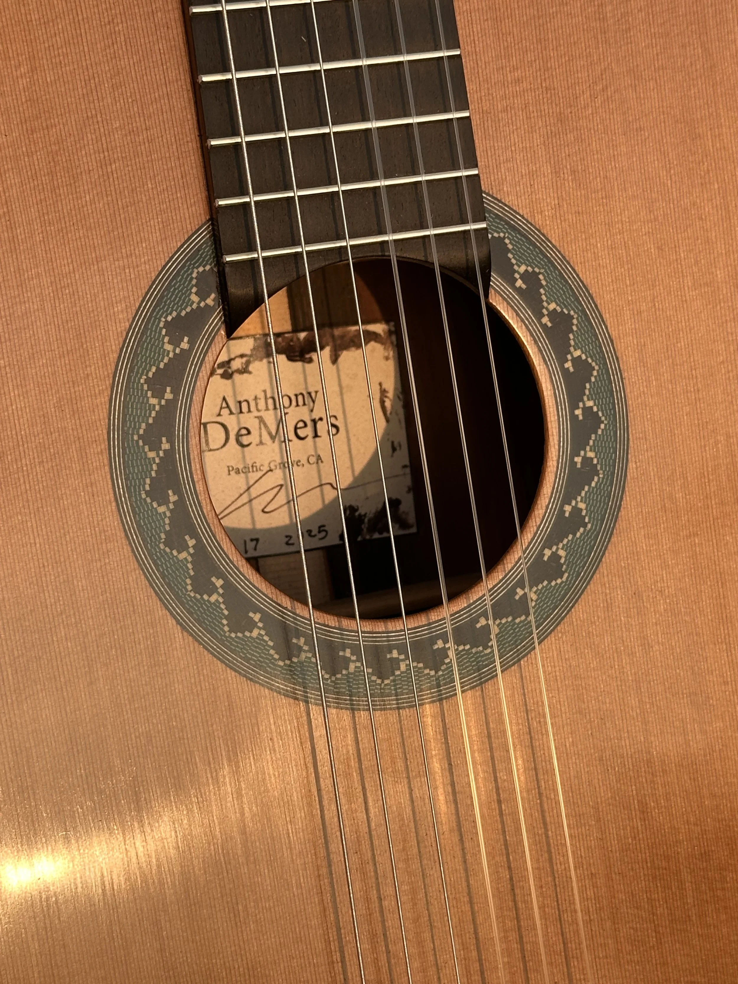 Green patterned rosette and maker’s label inside DeMers Guitar No. 17