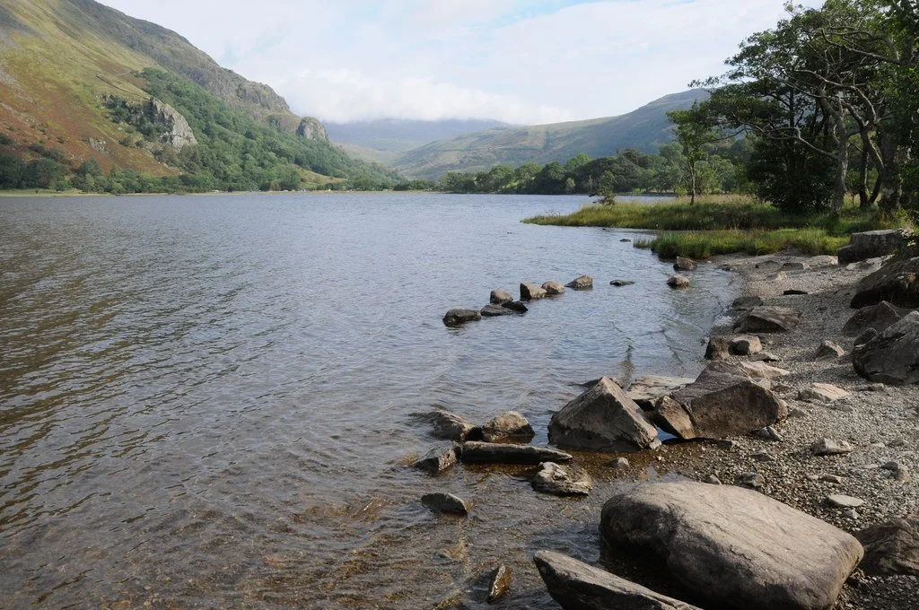 Llyn Gwynant surrounded by trees and steep valley sides in Eryri