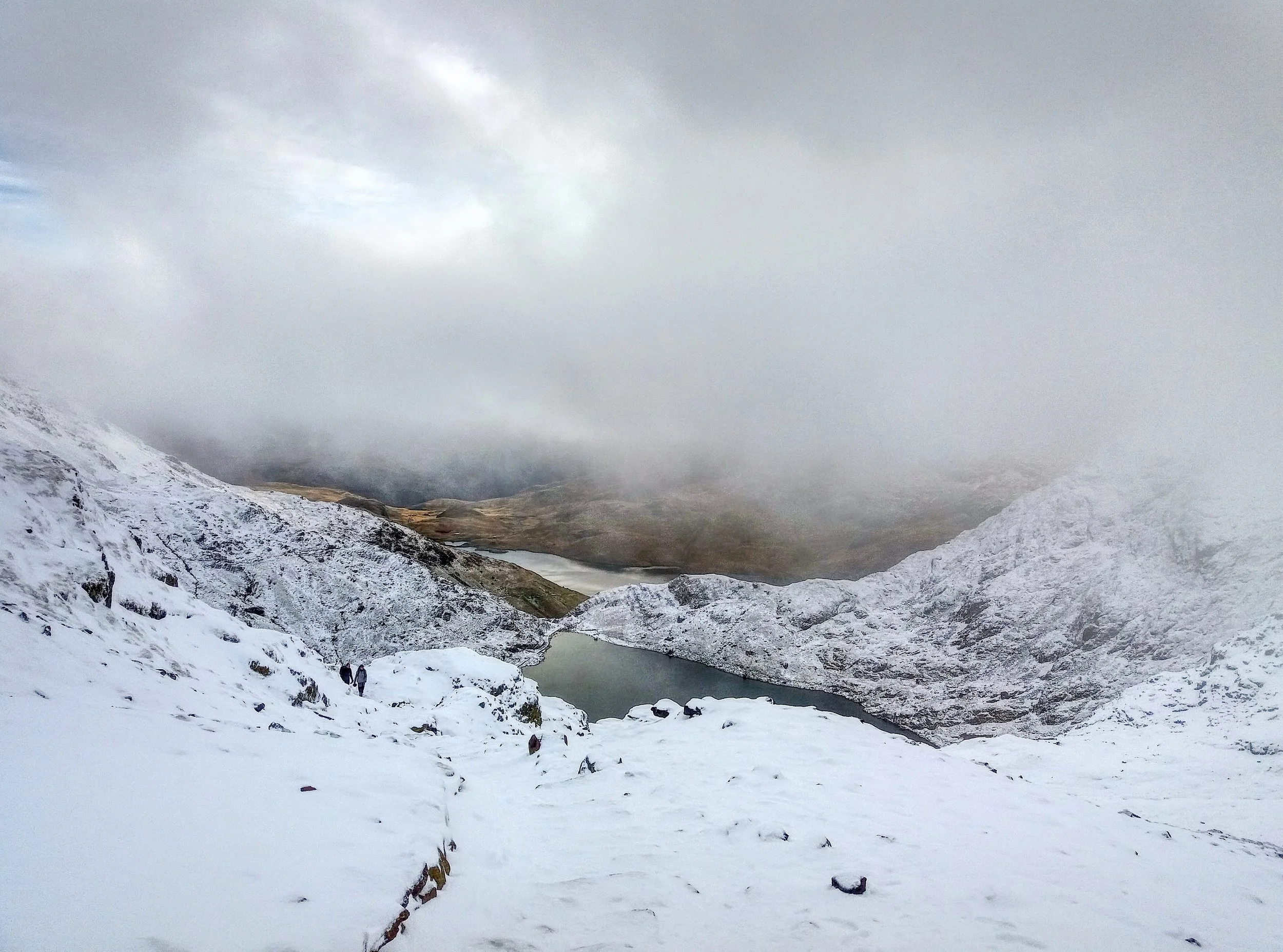 Snow and low cloud on the slopes of Yr Wyddfa (Snowdon)
