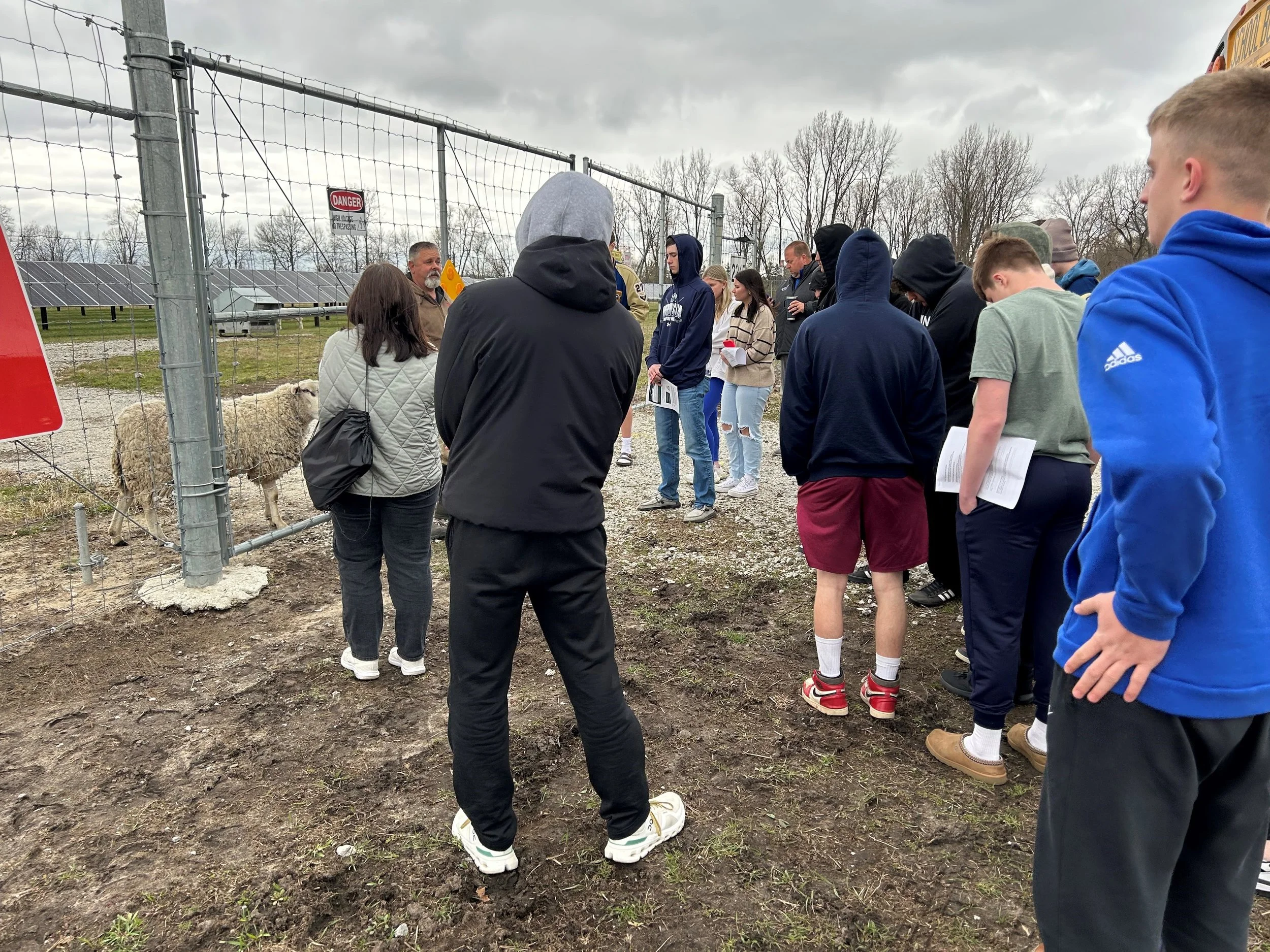 Group of people gathered outdoors near a sheep in a fenced area, with solar panels and cloudy sky in the background.