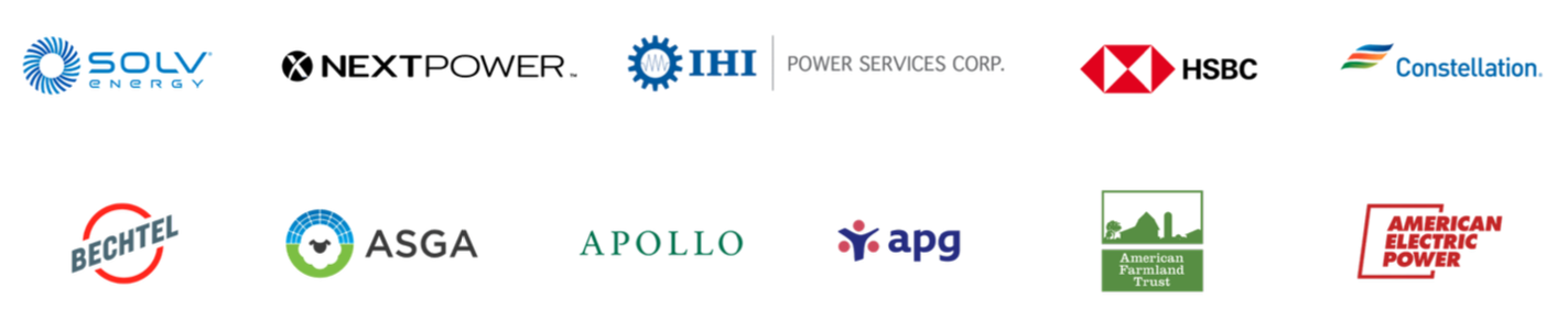Logos of various energy, financial, and utility companies including SOLV Energy, NEXT POWER, IHI Power Services, HSBC, Constellation, Bechtel, ASGA, Apollo, apg, American Farmland Trust, and American Electric Power.
