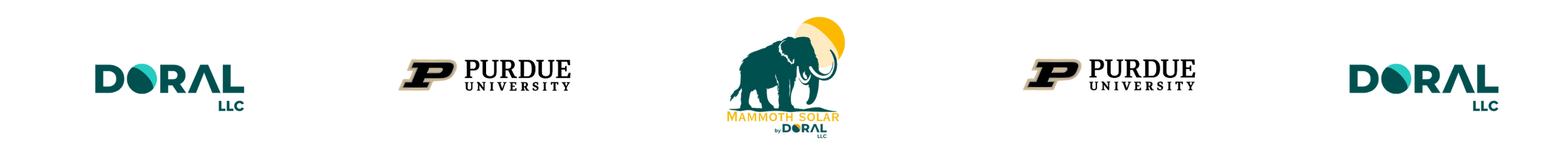 Graphic displaying logos of Doral LLC, Purdue University, Mammoth Solar, and a stylized mammoth logo with the text Mammoth Solar Doral.