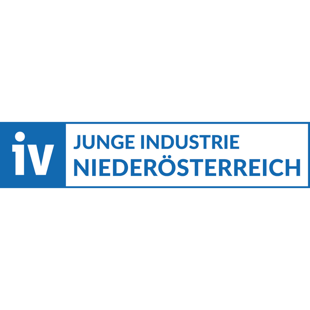 Logo of Junge Industrie Niederösterreich with blue and white colors, featuring the abbreviation 'iv' and the full name in German.