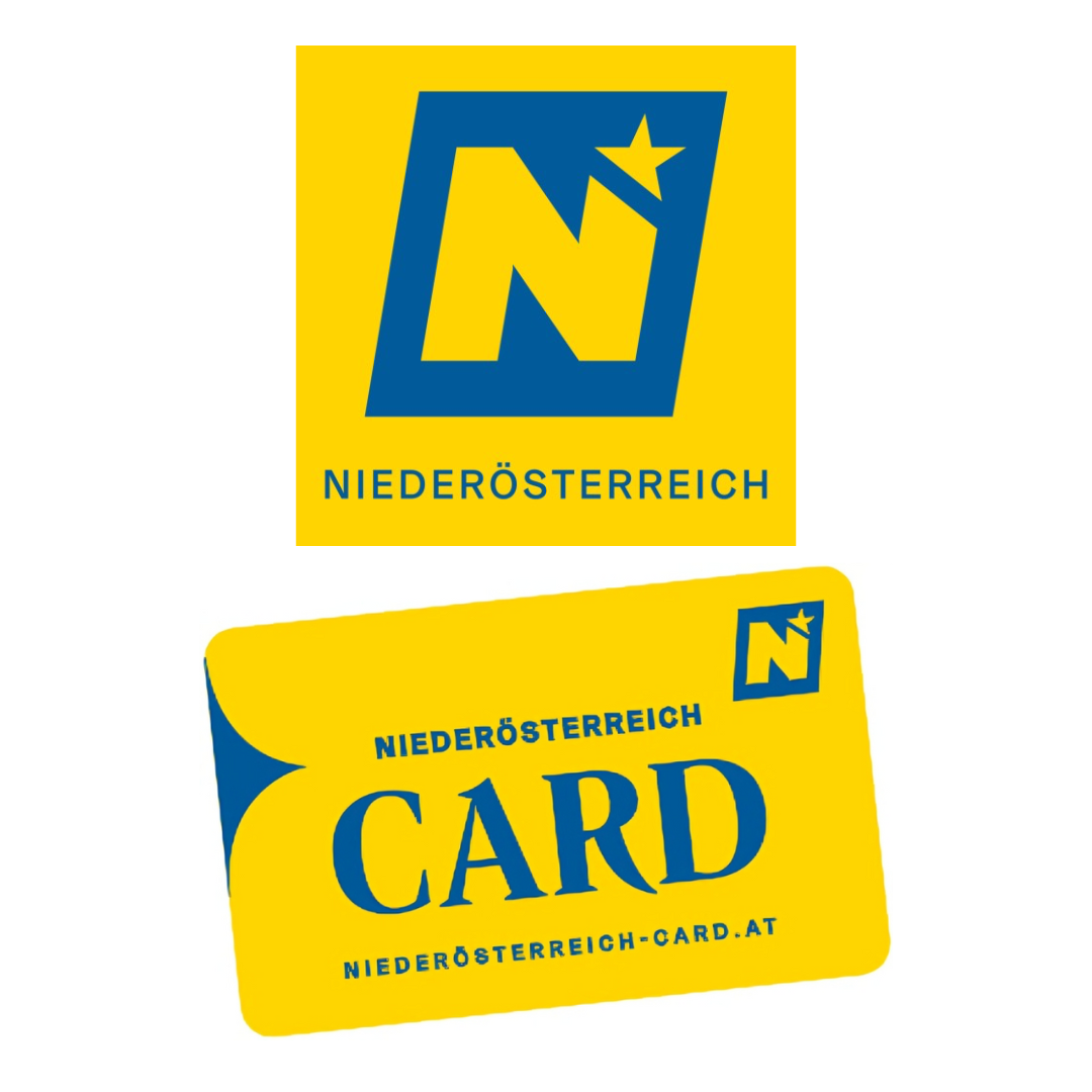Niederösterreich logo and a Niederösterreich card in yellow and blue colors.