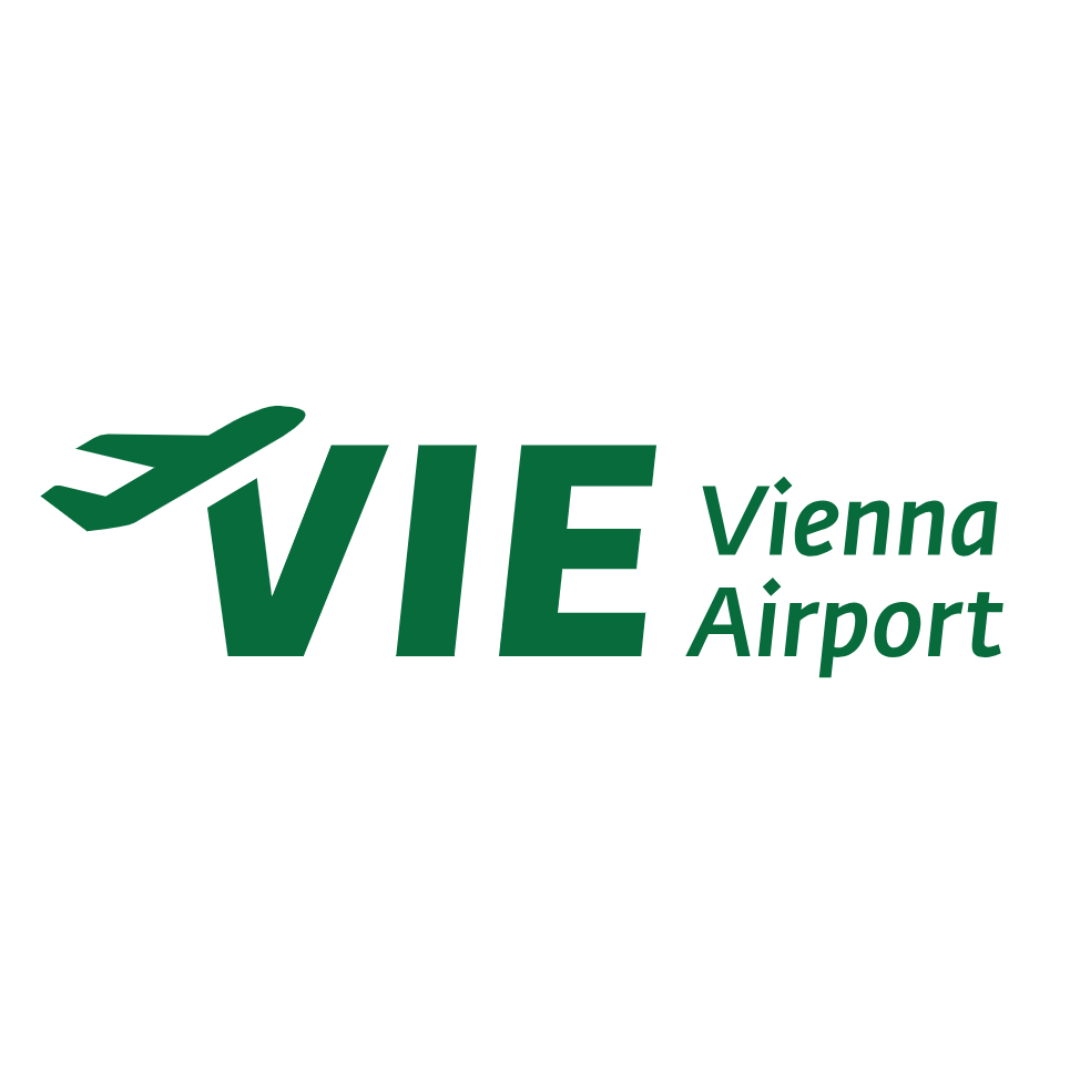 Logo for Vienna Airport with stylized airplane and the text 'VIE Vienna Airport' in green.