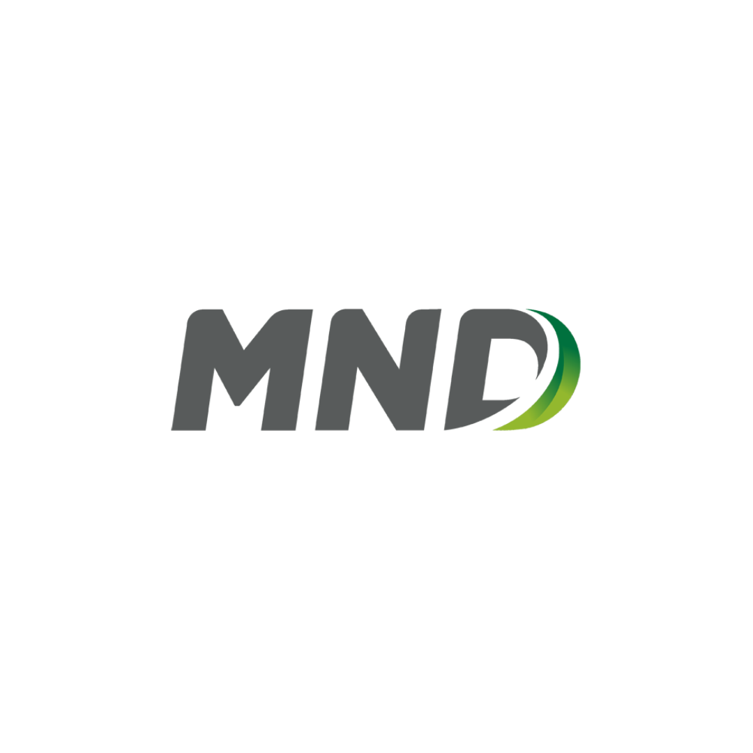 Logo with the letters MND in gray, with a green curved line on the right side.