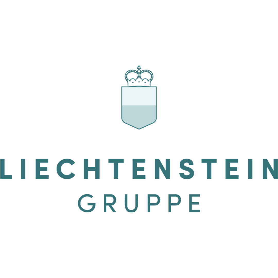 Graphic logo with a shield featuring a crown on top and a cross, above the words "LIECHTENSTEIN GRUPPE" in teal text.