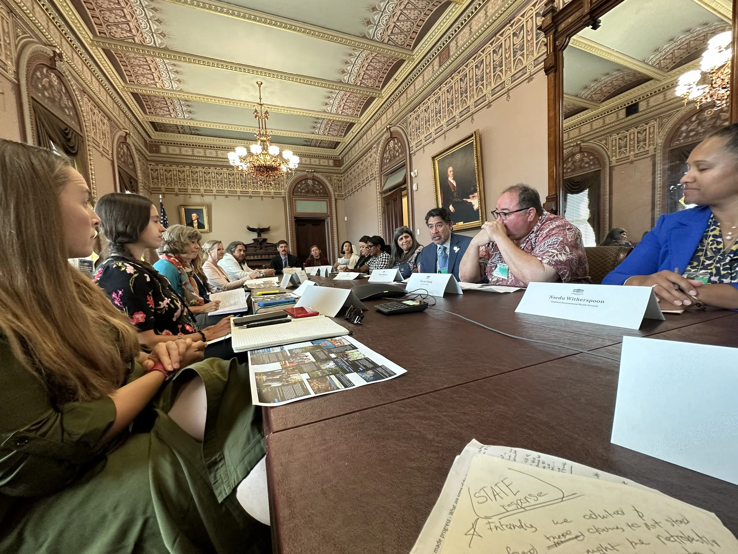 A diverse group of people seated around a large conference table in an ornate room with detailed ceiling designs, chandeliers, framed paintings, and wooden decor, engaged in a discussion.