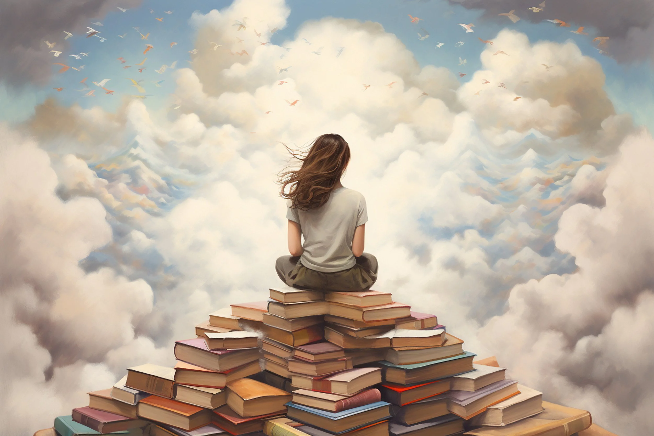 young woman sitting on top of a pile of books staring out into the sky which is blue and dotted with white clouds - pages of books are floating on the breeze