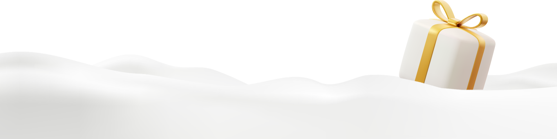 White gift box with gold ribbon and bow resting on snow with a black background.