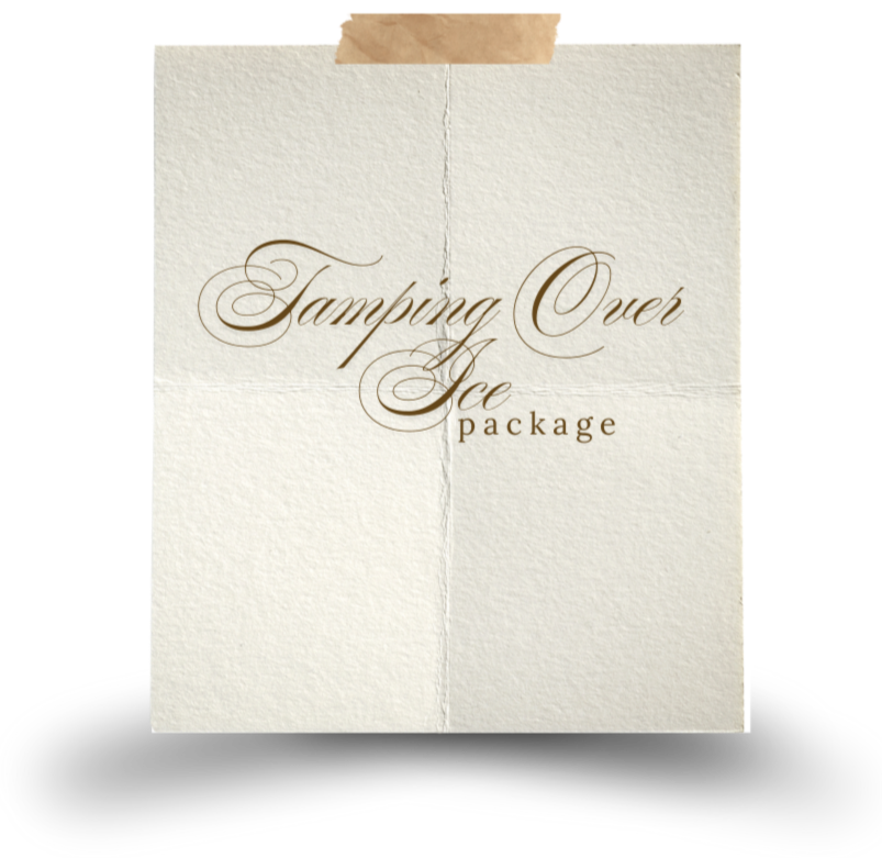 A cream-colored paper with the words "Taping Over Ice" written in elegant cursive and "package" in small print.