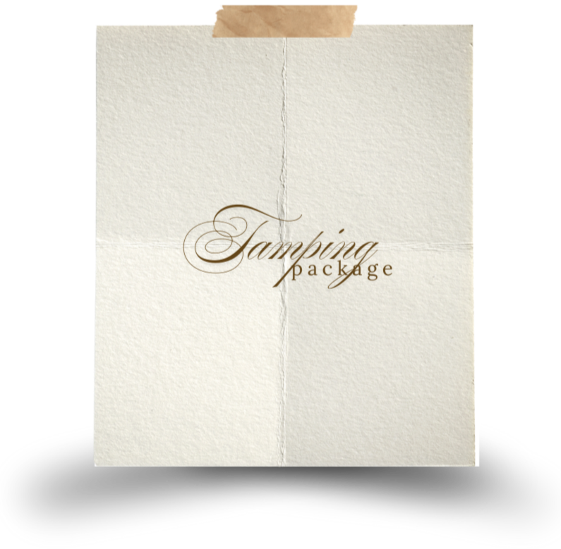 A cream-colored paper with a textured surface, sealed at the top with a piece of brown tape. The paper has the words 'Tamping package' printed in elegant brown script.