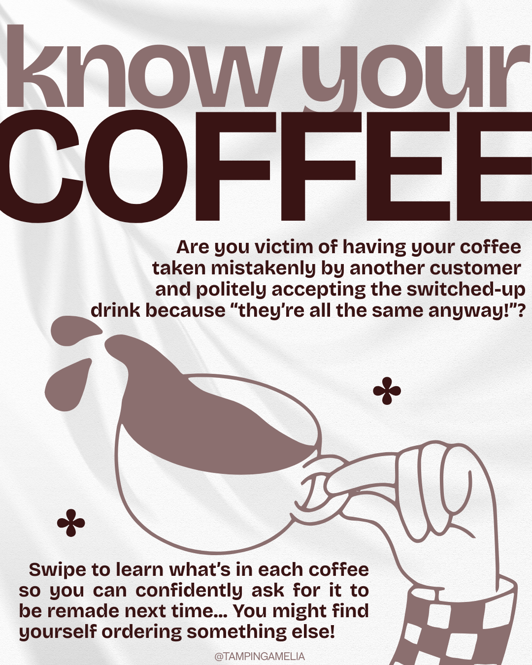 An animated coffee mug being held by a hand, with coffee spilling out. The image includes text about knowing your coffee and ordering confidently.