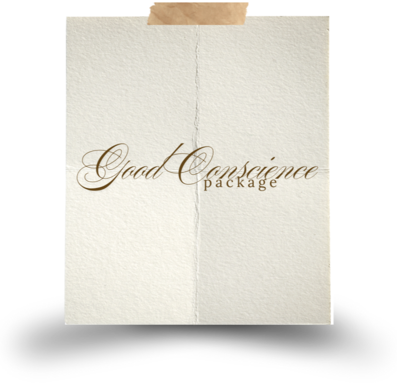 A beige paper packet labeled 'Good Conscience package' with elegant cursive font, and a piece of tan tape at the top.