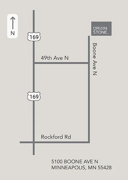 Map showing the location of Orijin Stone at 5100 Boone Ave N, Minneapolis, MN 55428, at the intersection of Boone Ave N and Rockford Rd, near 49th Ave N, with U.S. Highway 169 nearby.