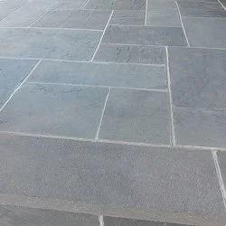 Close-up of a paved stone walkway with rectangular gray stones arranged in a pattern.