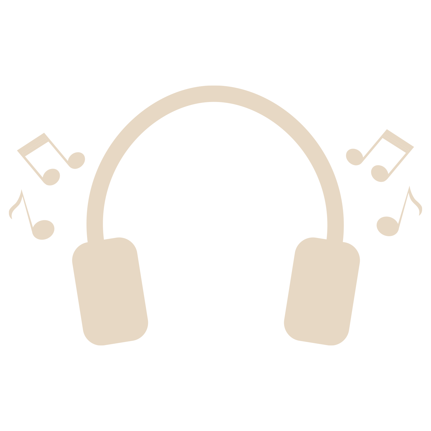 Illustration of beige headphones with musical notes around them on a black background.