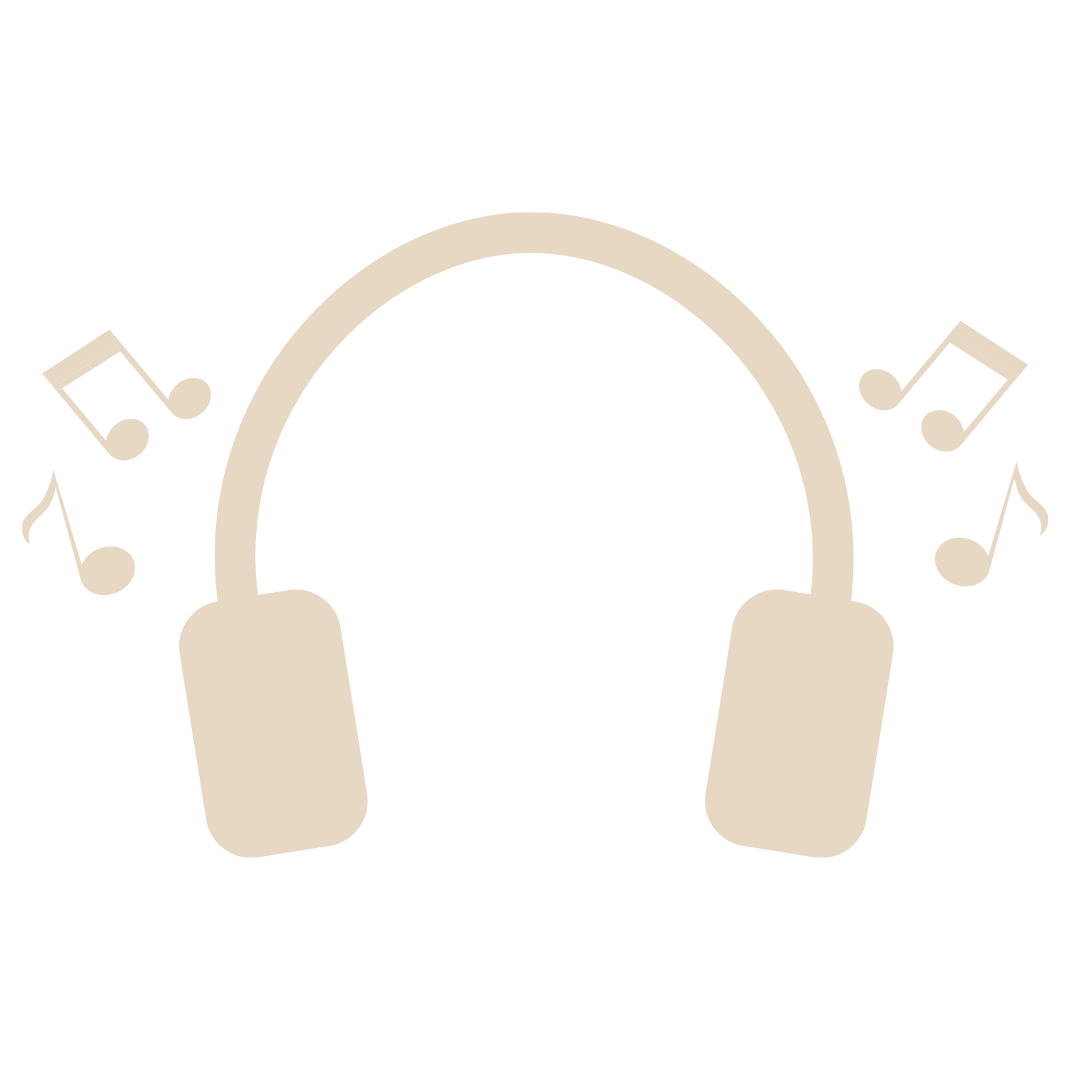 Illustration of beige headphones with musical notes emanating from each ear