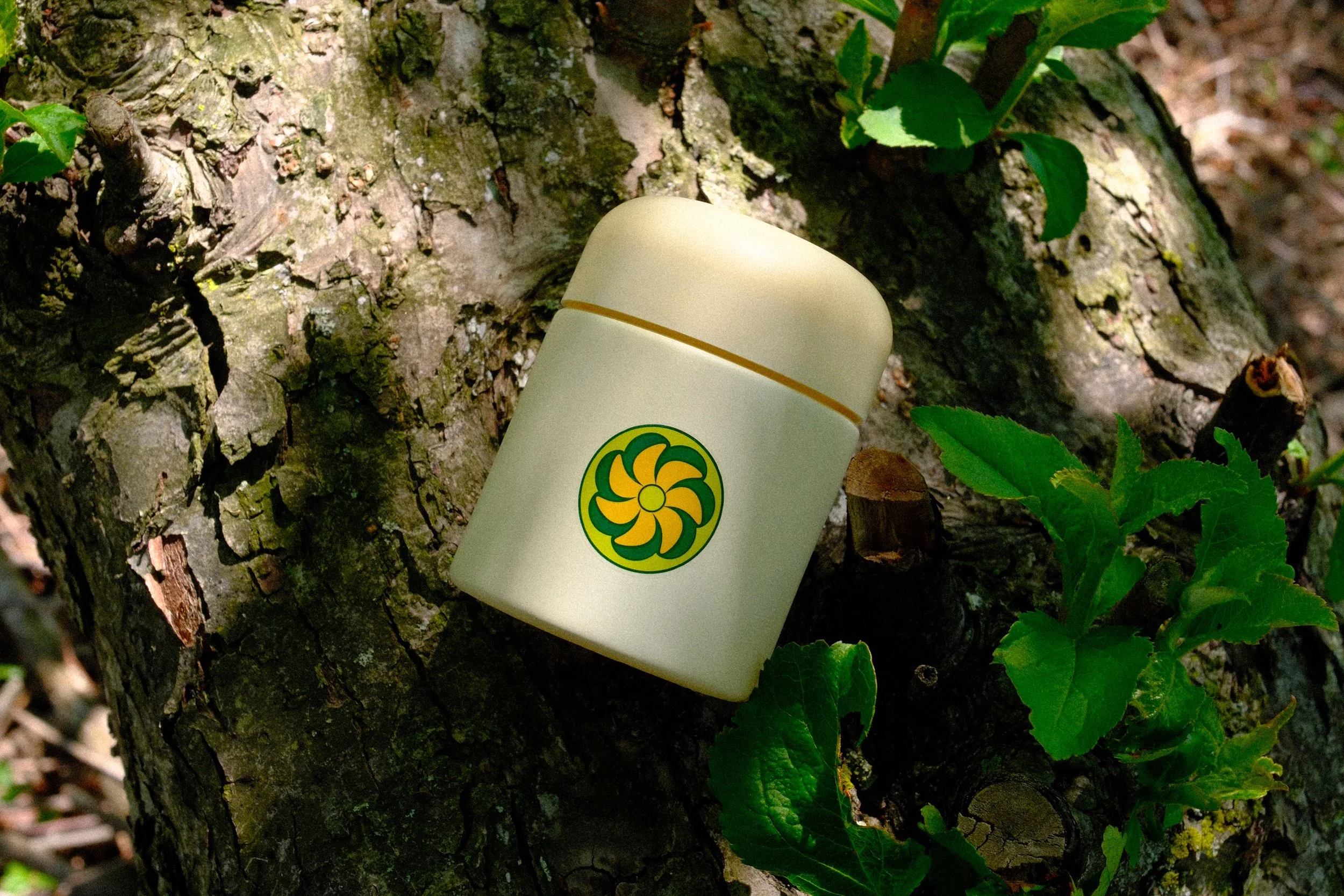A white container with a yellow and green logo lying against a tree trunk in a forest. The tree has rough bark and green leaves surrounding it.