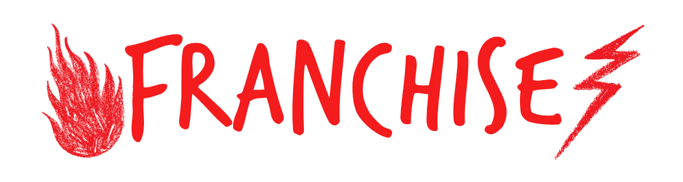 The word "FRANCHISE" in bold red letters with white outline, flanked by a flaming meteor on the left and a lightning bolt on the right, both in red.