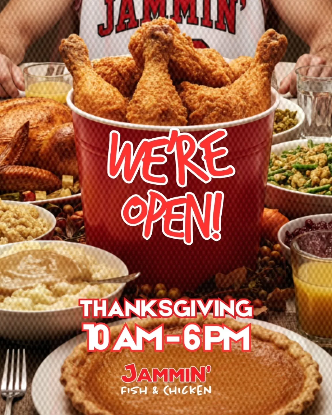 🦃 Let Jammin&rsquo; Fish &amp; Chicken Cater Your Thanksgiving! 🍗
We&rsquo;ll be open Thanksgiving Day from 10 AM &ndash; 6 PM at both locations:

📍 Bowie: 1316 Crain Highway
📍 Baltimore: 2920 Waterview Ave.

Allow us to cater your Thanksgiving d
