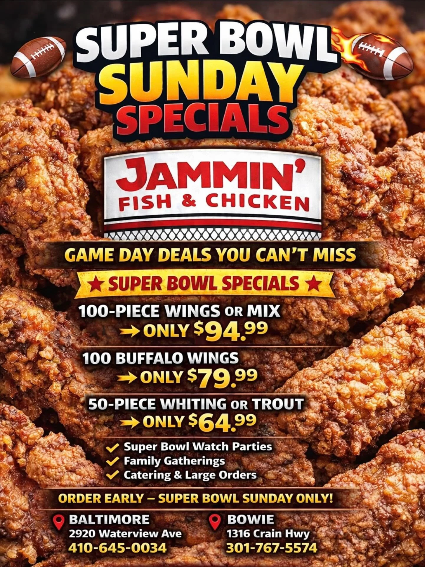 Don&rsquo;t miss out! Super Bowl specials are HERE 🏈
One day only &mdash; once it&rsquo;s gone, it&rsquo;s gone.
Get them while they last! 🍗🐟🐠
