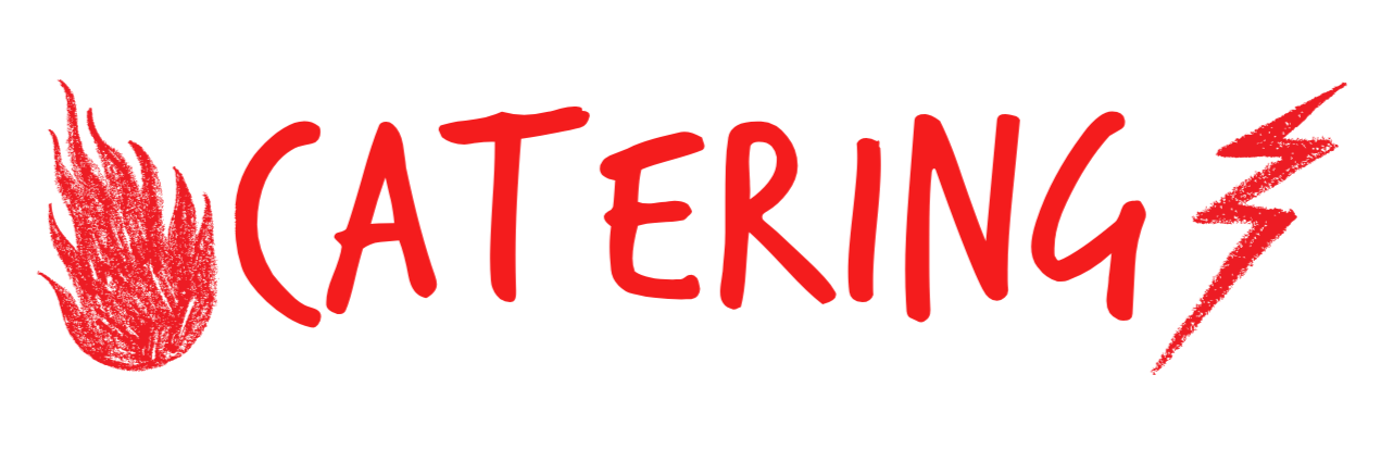Graphic design with the word 'CATERING' in bold, red and white outlined letters, accompanied by a flame on the left and a lightning bolt on the right.