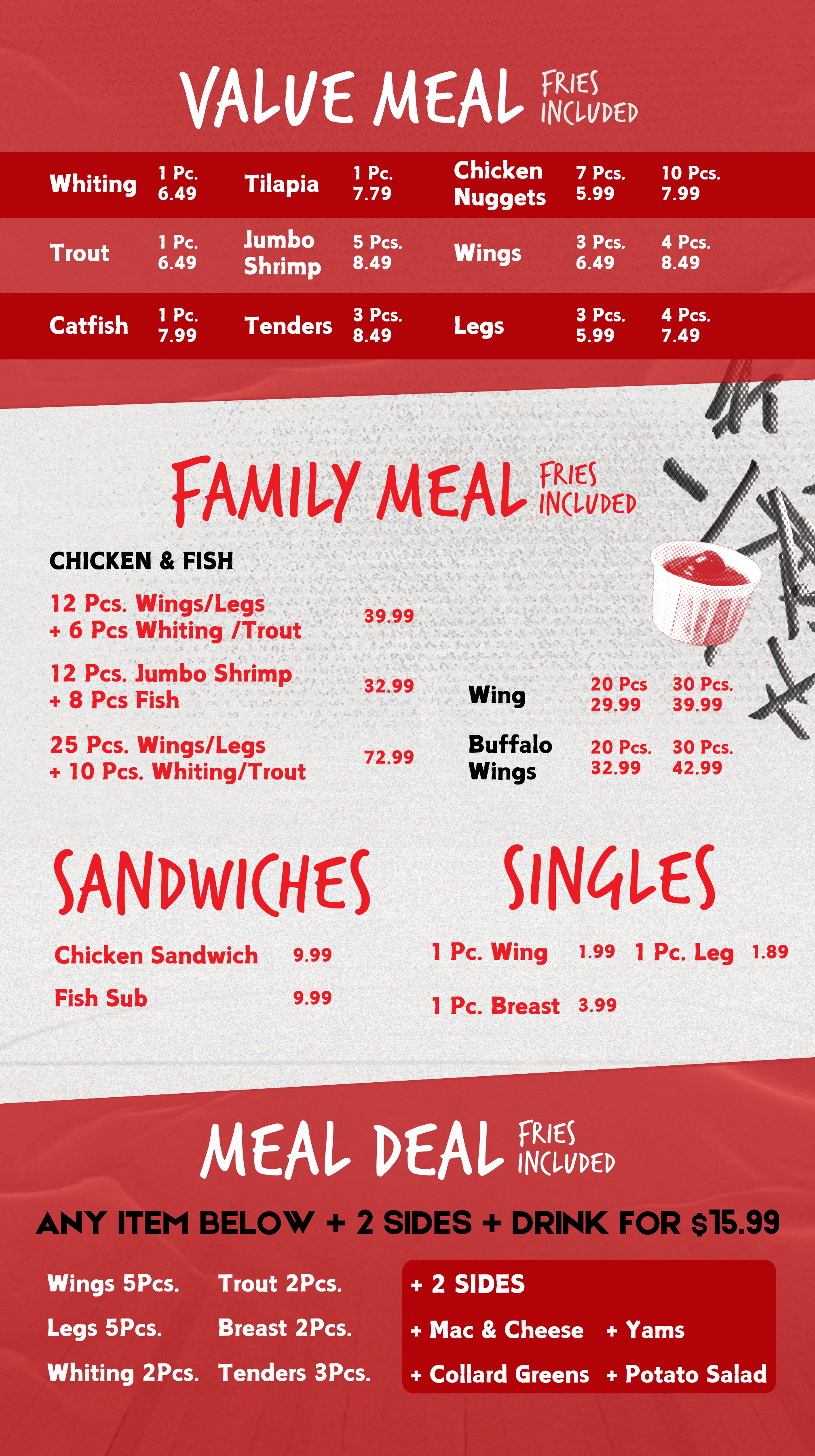 Menu featuring value and family meals with fried foods, sandwiches, and singles, including prices and options.