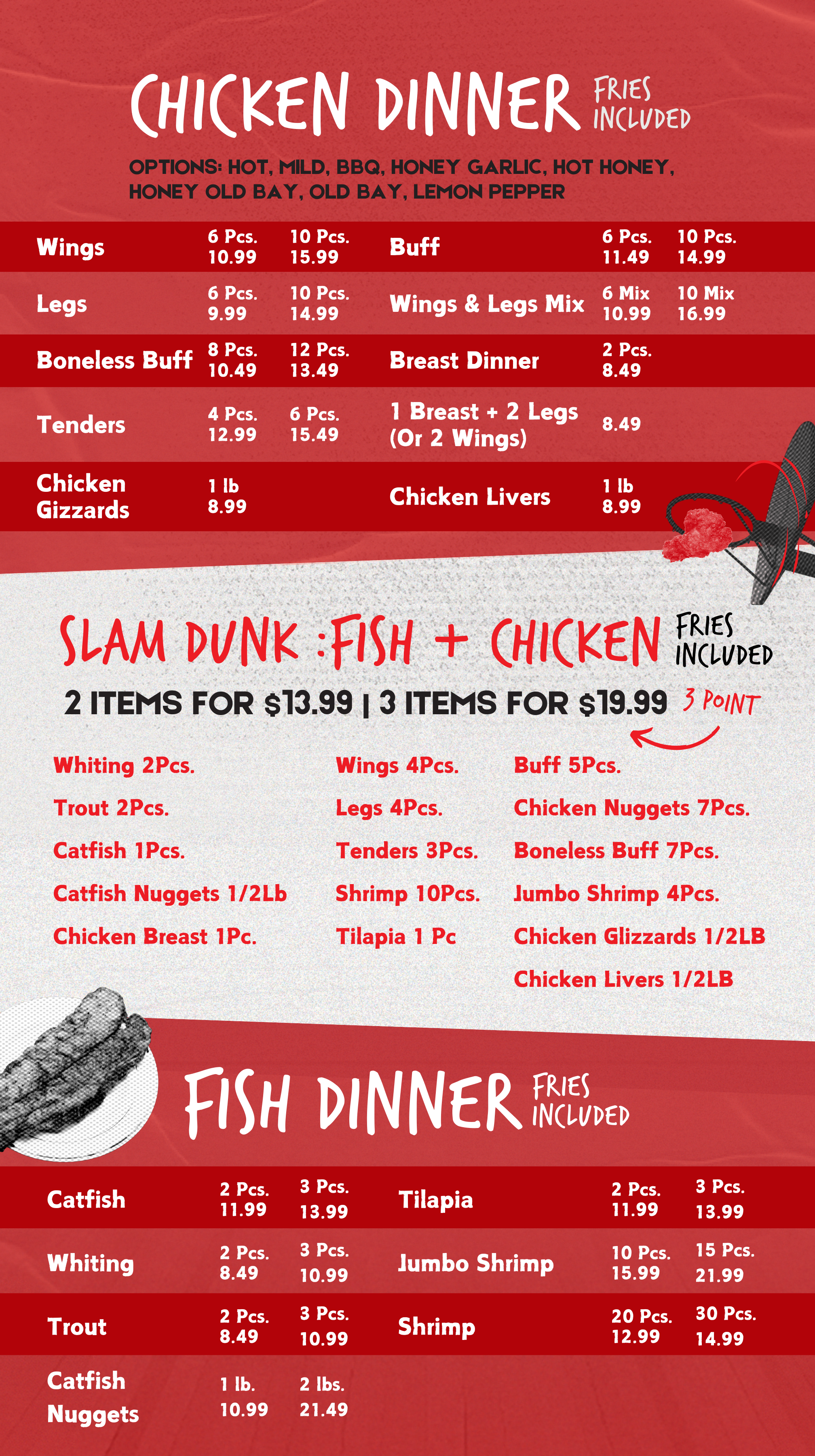 Menu for chicken, fish, and dinner options with prices and included fries, featuring various portion sizes and combo deals.