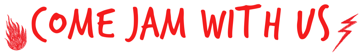 Text saying 'Come Jam With Us' with a flame icon on the left and a lightning bolt icon on the right, all in red and white colors.
