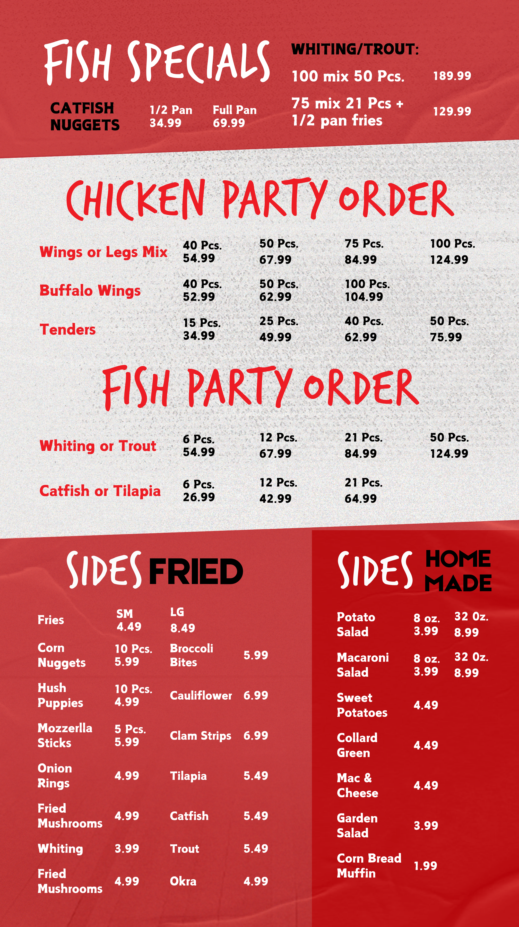 Menu with fish specials, chicken party orders, sides including fried, home-made sides, prices, and quantities.