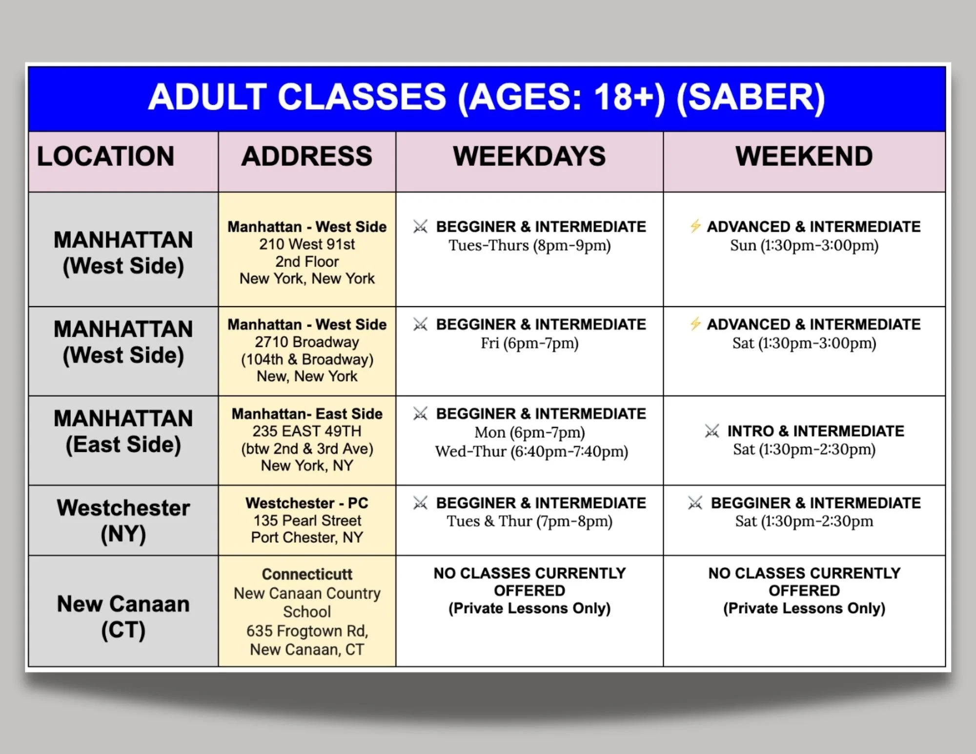 Adult Saber Classes