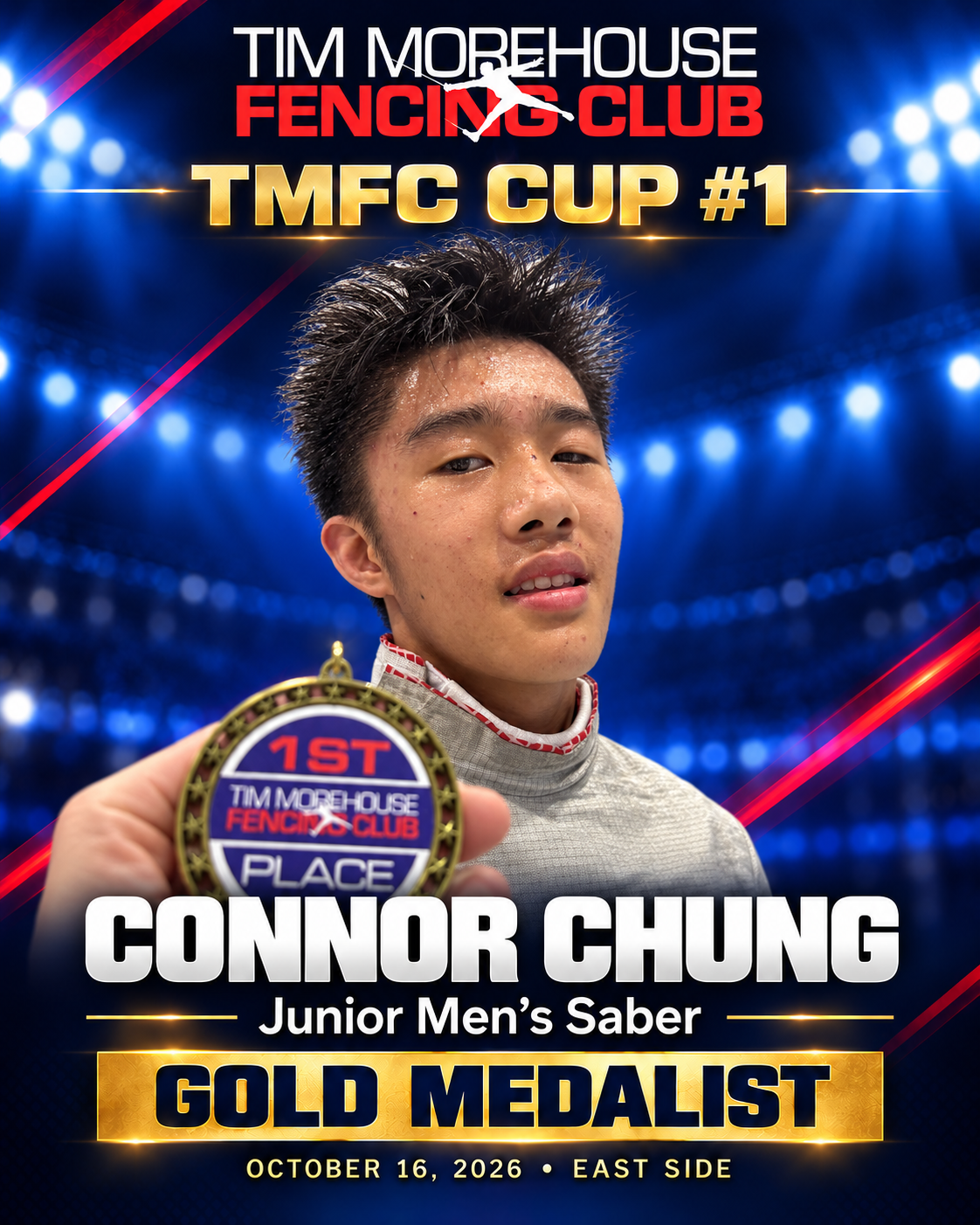 Connor Chung, Junior Men’s Saber gold medalist at TMFC Cup #1, holding his first-place medal at East Side in Manhattan, October 16, 2026.