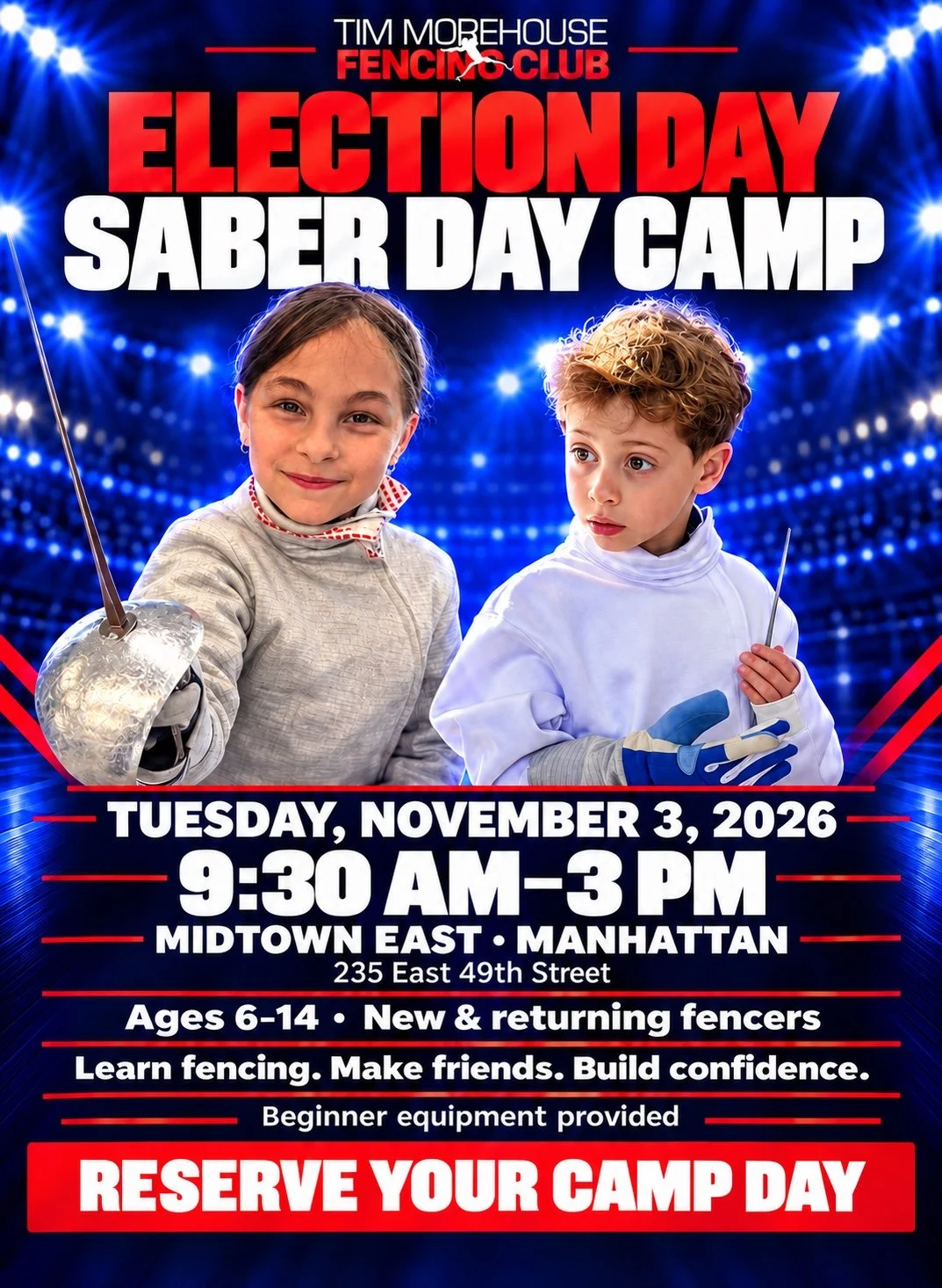 Two young TMFC fencers on the Election Day Saber Day Camp poster: November 3, 2026, 9:30 AM–3 PM, ages 6–14, Midtown East, Manhattan.