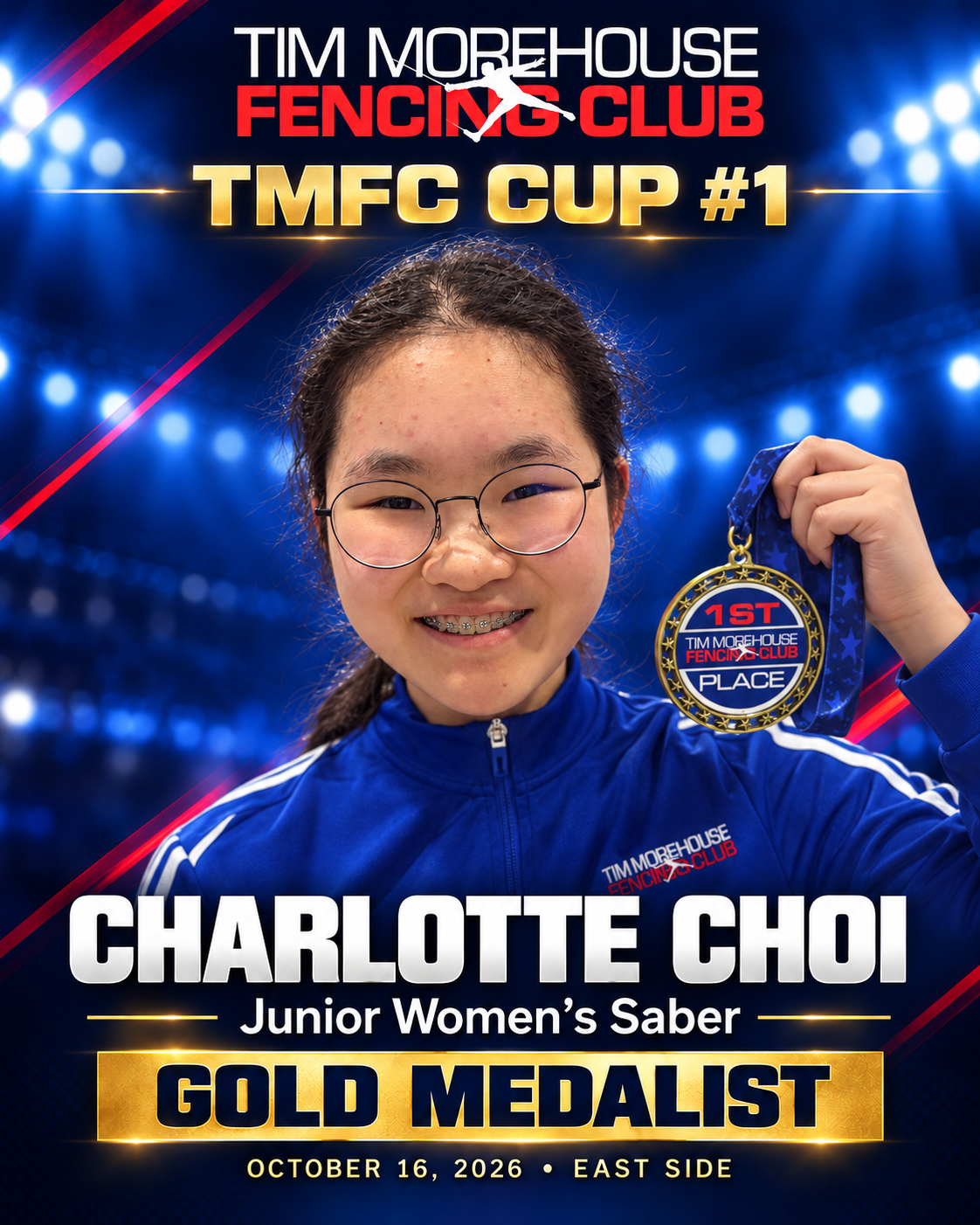 Charlotte Choi, Junior Women’s Saber gold medalist at TMFC Cup #1, October 16, 2026, at East Side in Manhattan.