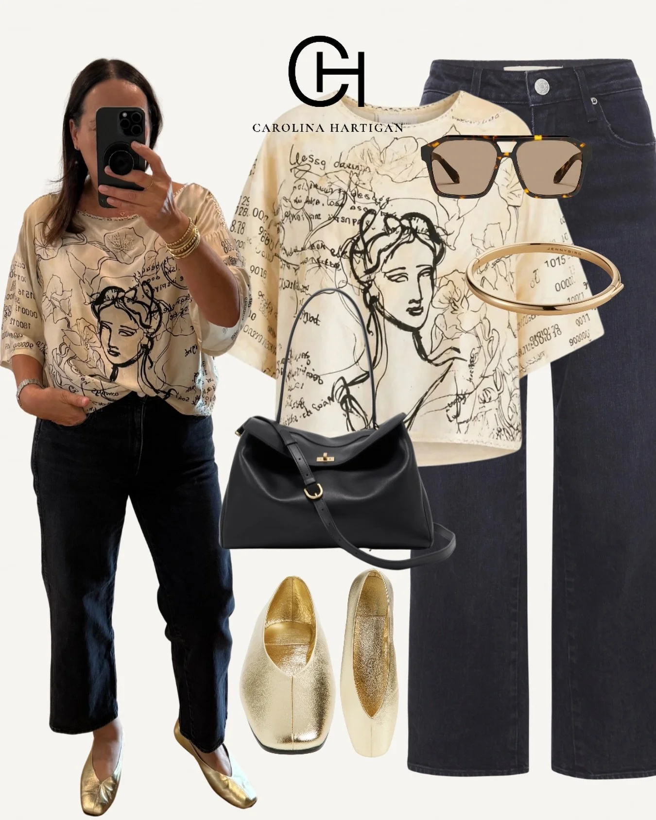 Effortlessly cool, endlessly wearable. 

The Rubi Noir Muse boxy cropped tee features a hand-lettered portrait print, wide kimono sleeves, and a relaxed silhouette made to move with you. I love to pair it with the @amodenim AMO Billie So Good&nbsp;cr