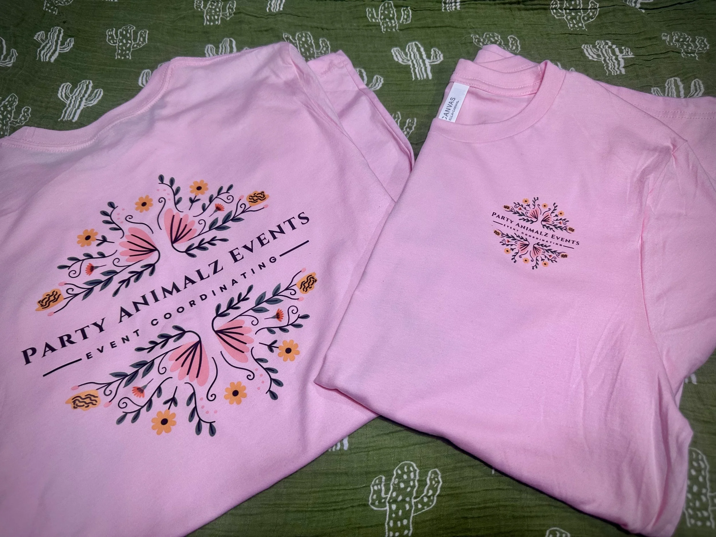 pink t-shirts with business logo (party animalz events)