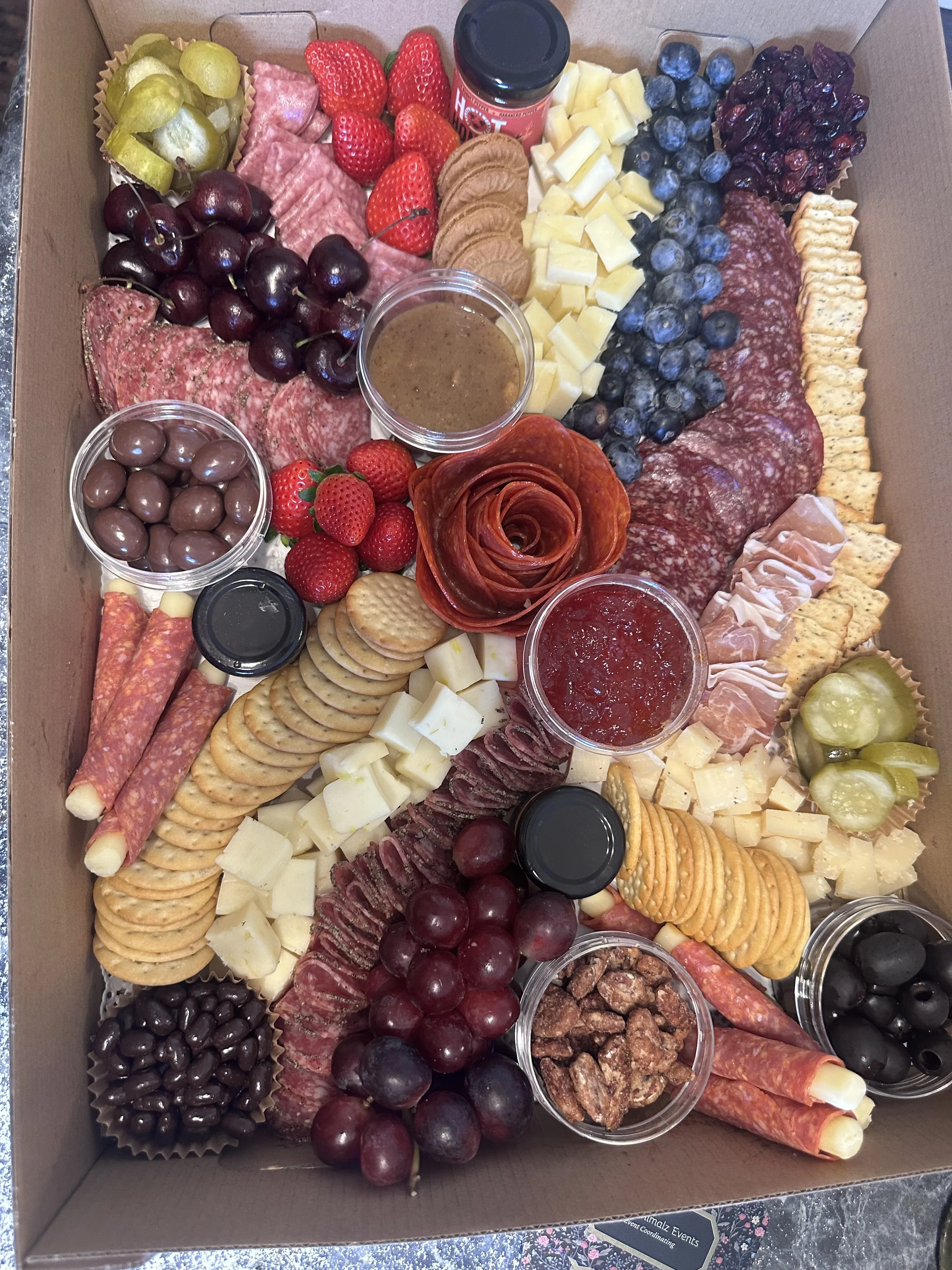 Charcuterie Box (large) with fruits, meats cheeses, sauces, and more