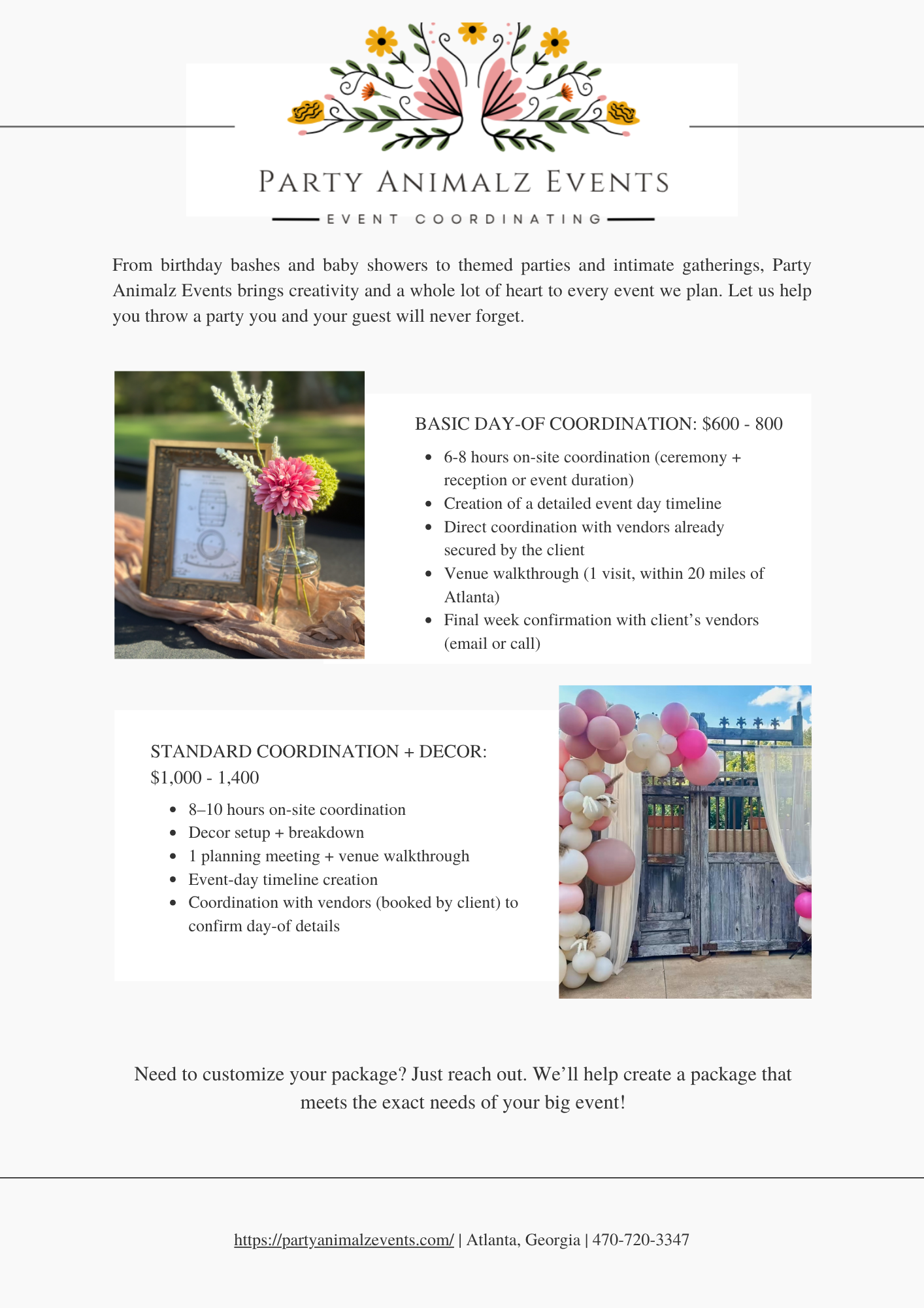 A flyer for Party Animalz Events, a party planning service, featuring a colorful butterfly and floral design logo at the top, with images of event decorations including a framed menu with flowers and an archway with pink and white balloons, and text 