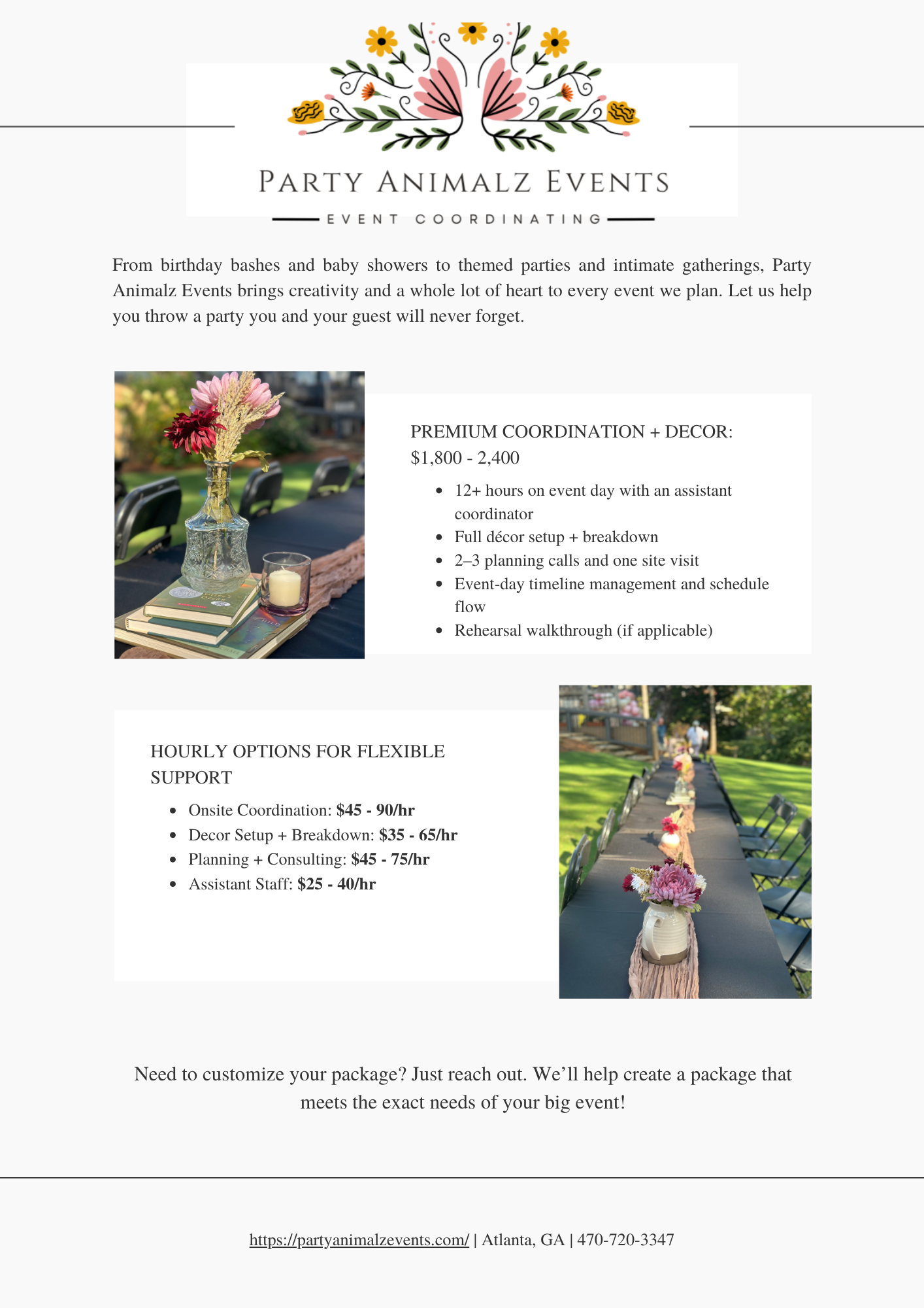 Flyer for Party Animalz Events promoting event planning and coordination services with photographs of decorated tables and floral arrangements.