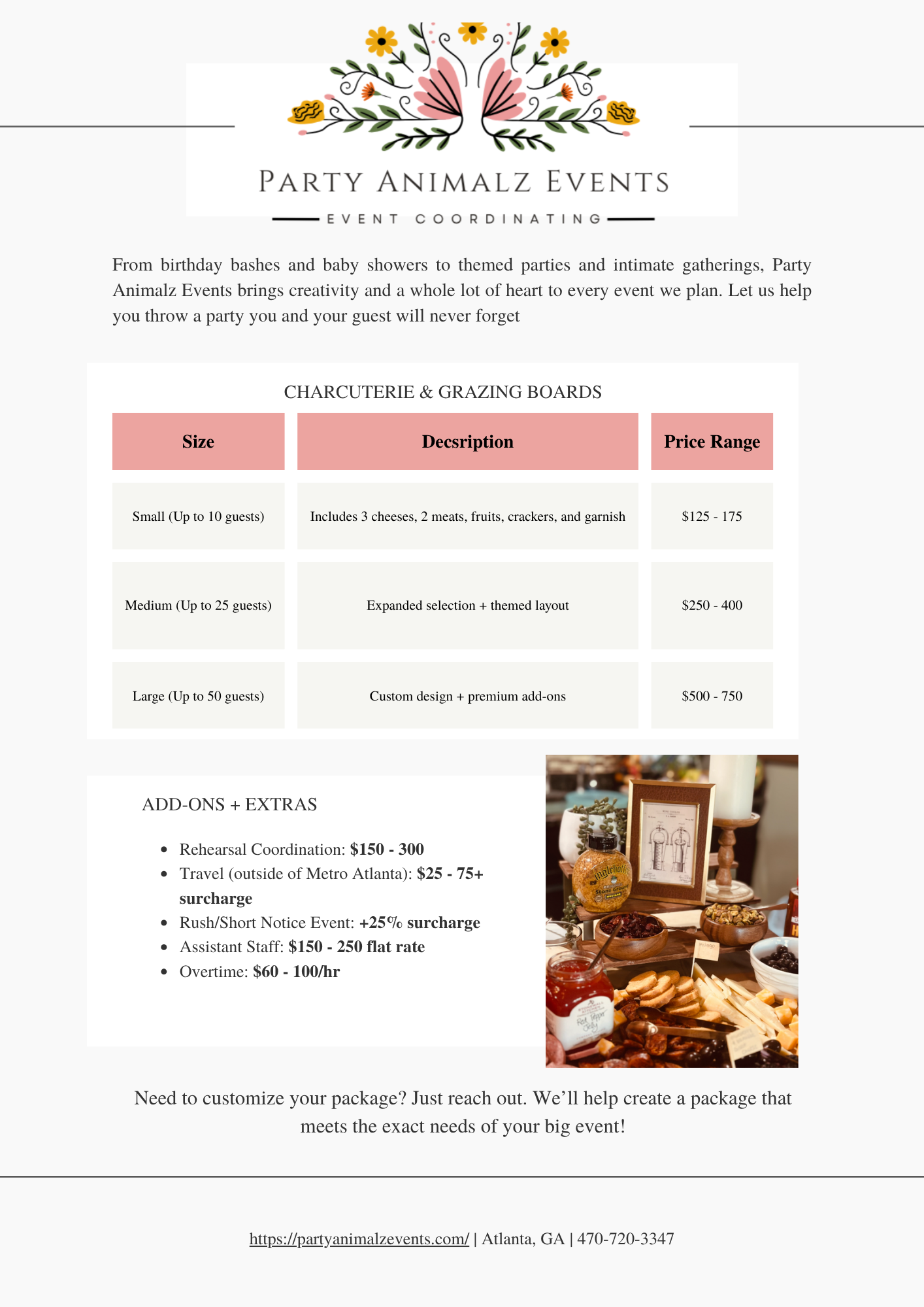 Flyer for Party Animalz Events featuring event planning services such as charcuterie and grazing boards, add-ons, and extras, with a decorative logo of a butterfly made of flowers and leaves at the top, and a photo of a cheese and snack display on th