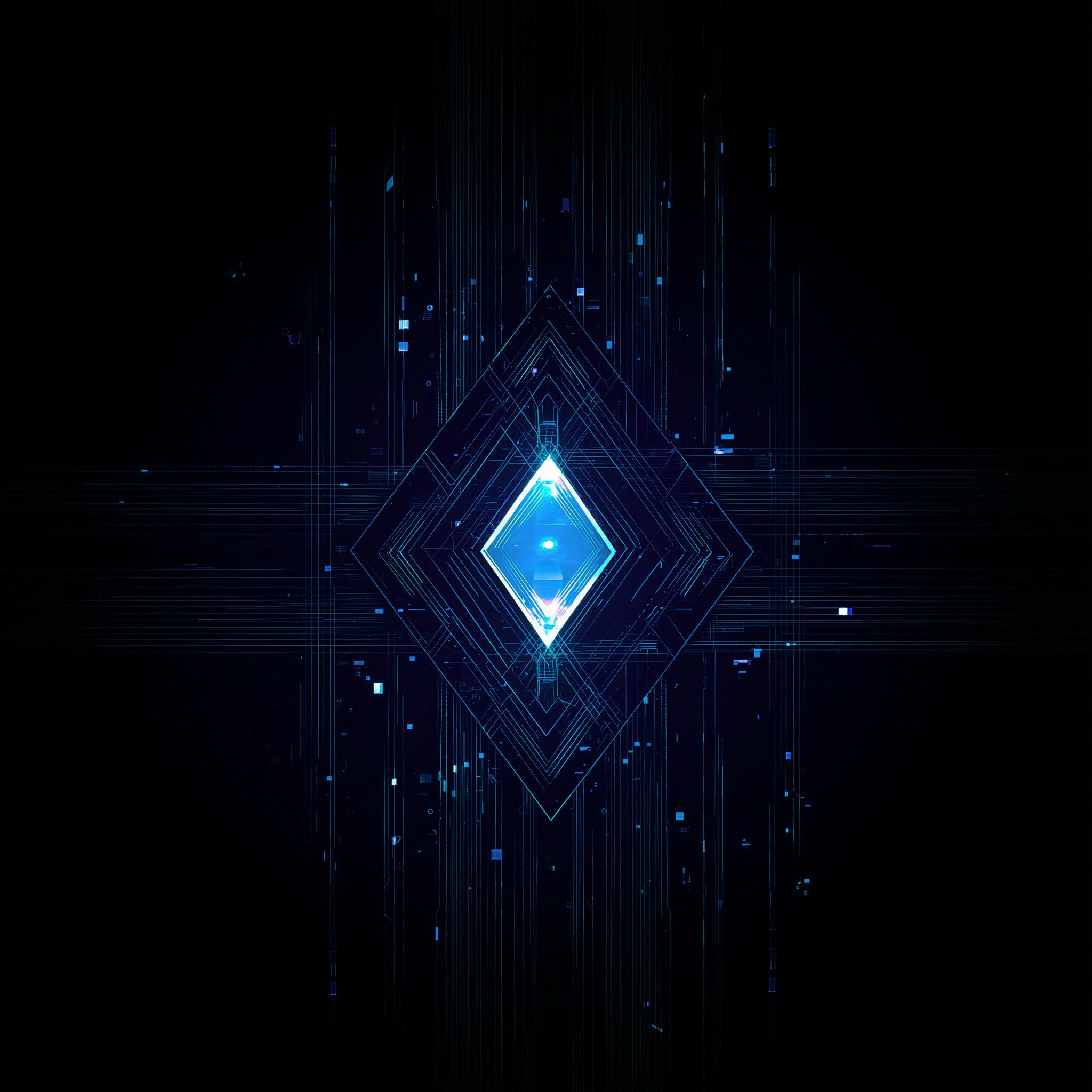 A digital abstract design featuring glowing blue and white lines forming a diamond shape against a black background, with vertical and horizontal streaks and pixelated elements creating a futuristic, high-tech appearance.