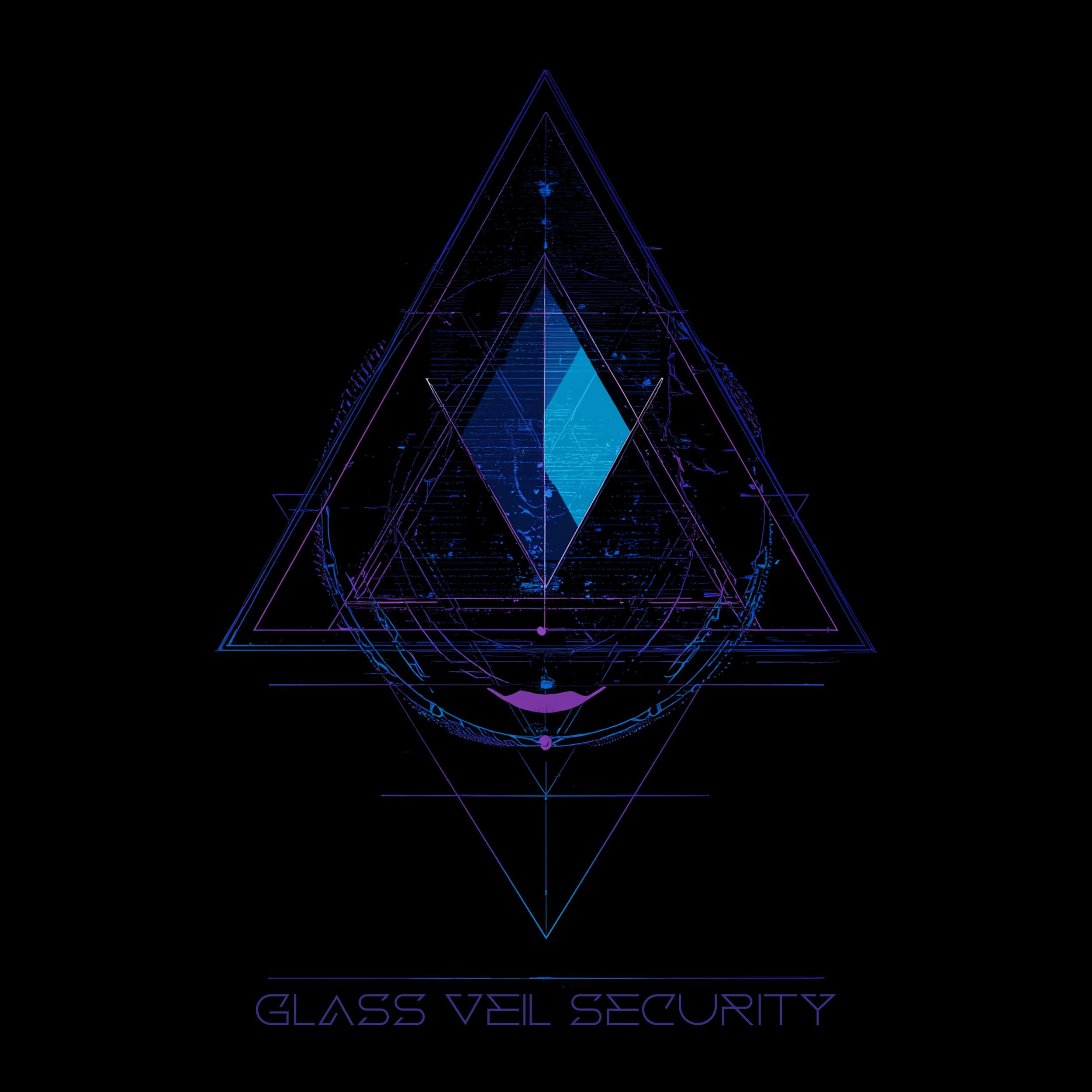 Futuristic digital illustration featuring a human face with closed eyes, almond-shaped lips, and geometric shapes, including triangles and diamonds, glowing with blue and purple neon lights. The background is black, and the text 'Glass Veil Security' appears at the bottom in stylized font.