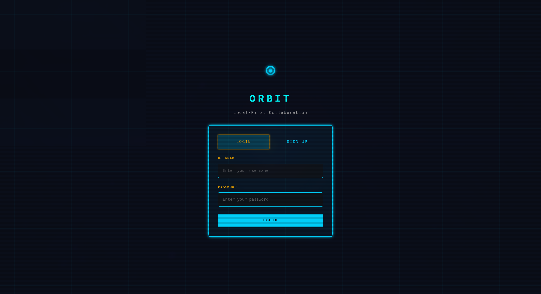 Digital login screen for a platform called Orbit with options to log in or sign up. Fields for username and password and a blue login button.