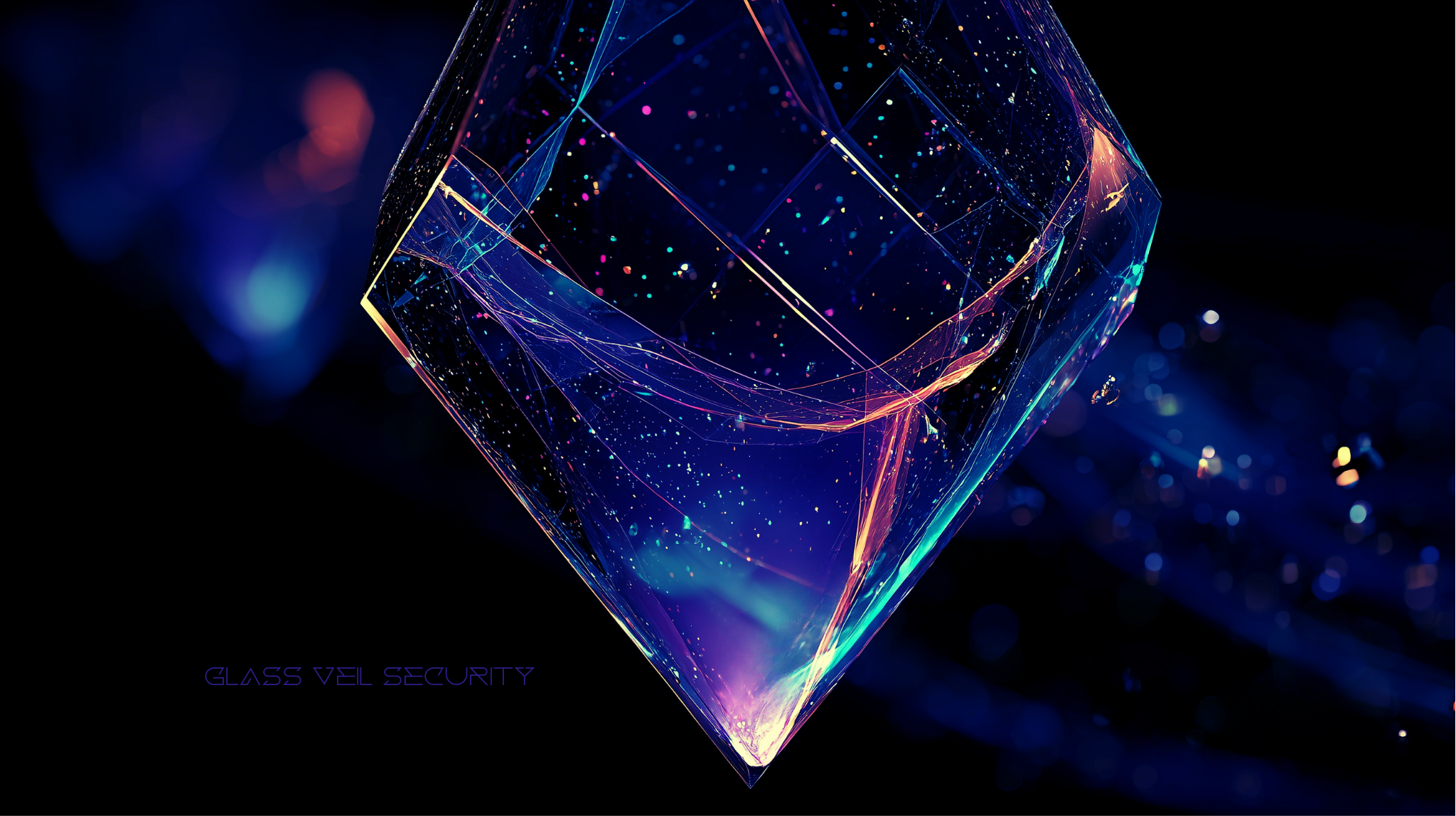 A futuristic digital illustration of a glowing, transparent glass cube with colorful lines and particles inside, labeled "Glass Veil Security" in the lower left corner.