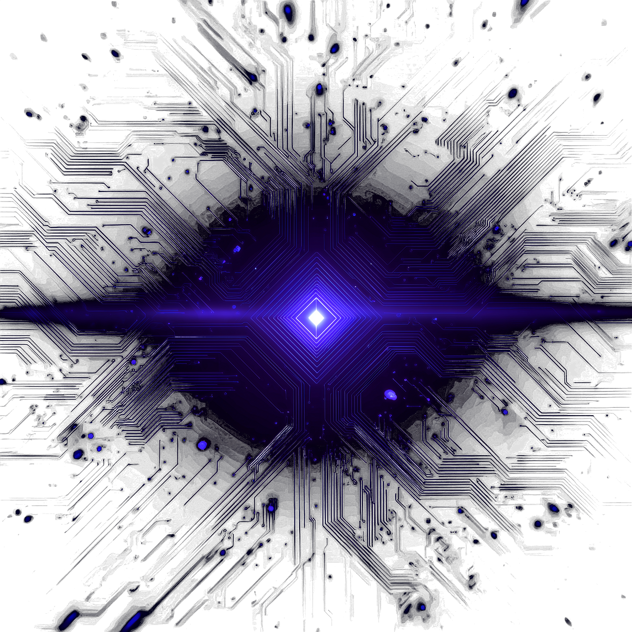 A digital abstract background featuring a glowing white diamond shape at the center with purple hues, circuitry patterns, and lines radiating outward in a symmetrical design.