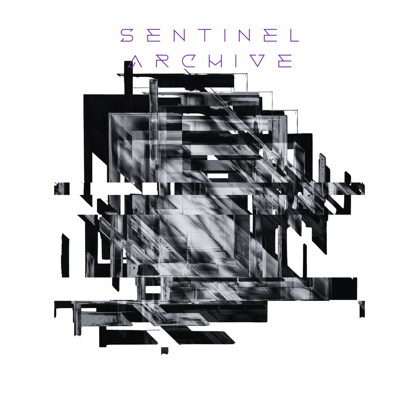 Abstract digital artwork with fragmented geometric shapes, primarily in shades of black, white, and gray, with some purple and blue accents.