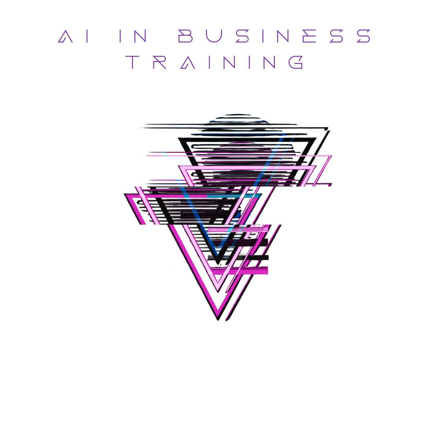 Neon retro-style geometric design with glowing pink, purple, and blue triangles arranged in a layered, 3D appearance on a black background.